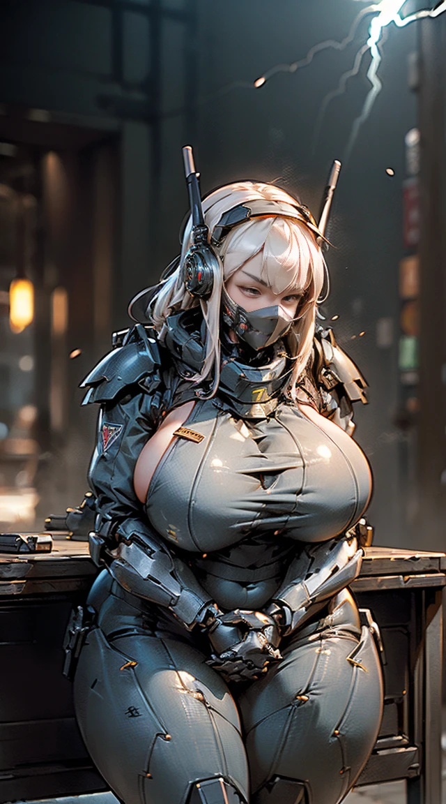 woman wearing ninja armor,(Extend your palm forward and shoot lightning:1.4),(Tactical open face mask:1.3),(body of:1.1),(Sensory:1.4),(plump big breasts:1.3)Showing cleavage，(Long legs:1.1),(Delicate eyes:1.3),(Delicate face:1.3),(Detailed weapons:1.3),(detailed body:1.3),(Full Body Esbian:1.5),(Thor in the background:1.5:),(Blurred Background:1.５),lifelike,(((On the table,Extremely detailed, Heavy mech, Hard Surface)))