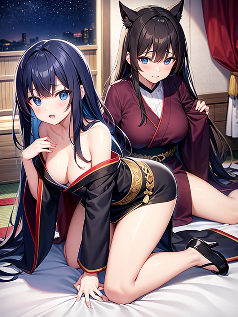 ｛creation、high resolution、high quality｝、Black Hair、long hair、Blue Eyes、Japanese-style room、Big breasted beauty、kimono、Bare chest、On all fours、night、Embarrassed face、