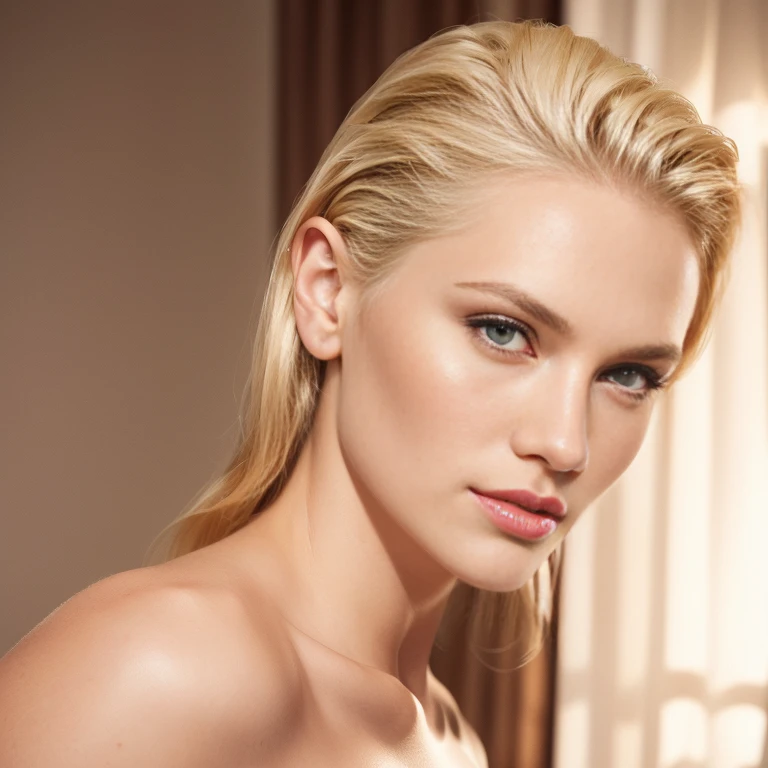 blond woman with a very long hair and a very big breast, short slicked - back hair, blonde and attractive features, very short slicked - back hair, long swept back blond hair, slicked-back hair, slicked back hair, with textured hair and skin, clean blonde hair, sleek blond hair, thin lustrous hair, beautiful face and flawless skin