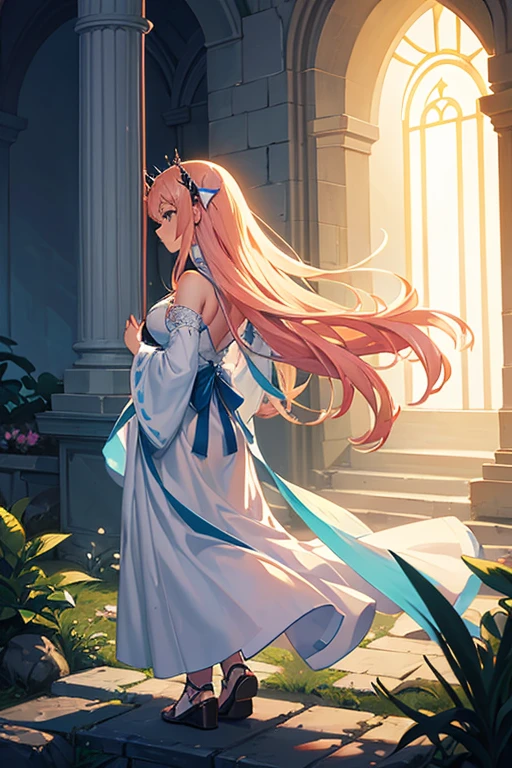 pixel art chibi character in a magical fantasy RPG context. Side view of a maiden utilizing the power of light. The maiden's dress flutters gently in the breeze. This side view captures the character's full profile from the tip of the nose to the back of the head. The front view shows the maiden standing upright and facing forward, enveloped in light. The back view depicts the maiden from behind, with her robe and hair flowing in the wind due to her light magic.