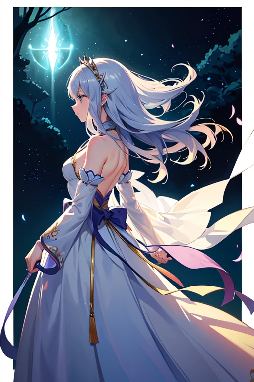 pixel art chibi character in a magical fantasy RPG context. Side view of a maiden utilizing the power of light. The maiden's dress flutters gently in the breeze. This side view captures the character's full profile from the tip of the nose to the back of the head. The front view shows the maiden standing upright and facing forward, enveloped in light. The back view depicts the maiden from behind, with her robe and hair flowing in the wind due to her light magic.