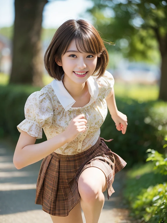 Realistic photo quality、20 year old Japanese model、Idol、Blur the background a lot、 One beautiful woman、Cute Smile、Frilled dresini skirt、Hands, feet and beautiful face of a person、The whole body of the person、forest path、looking at the camera、Sprinting towards here、short hair、Brunette Hair、View the photographer