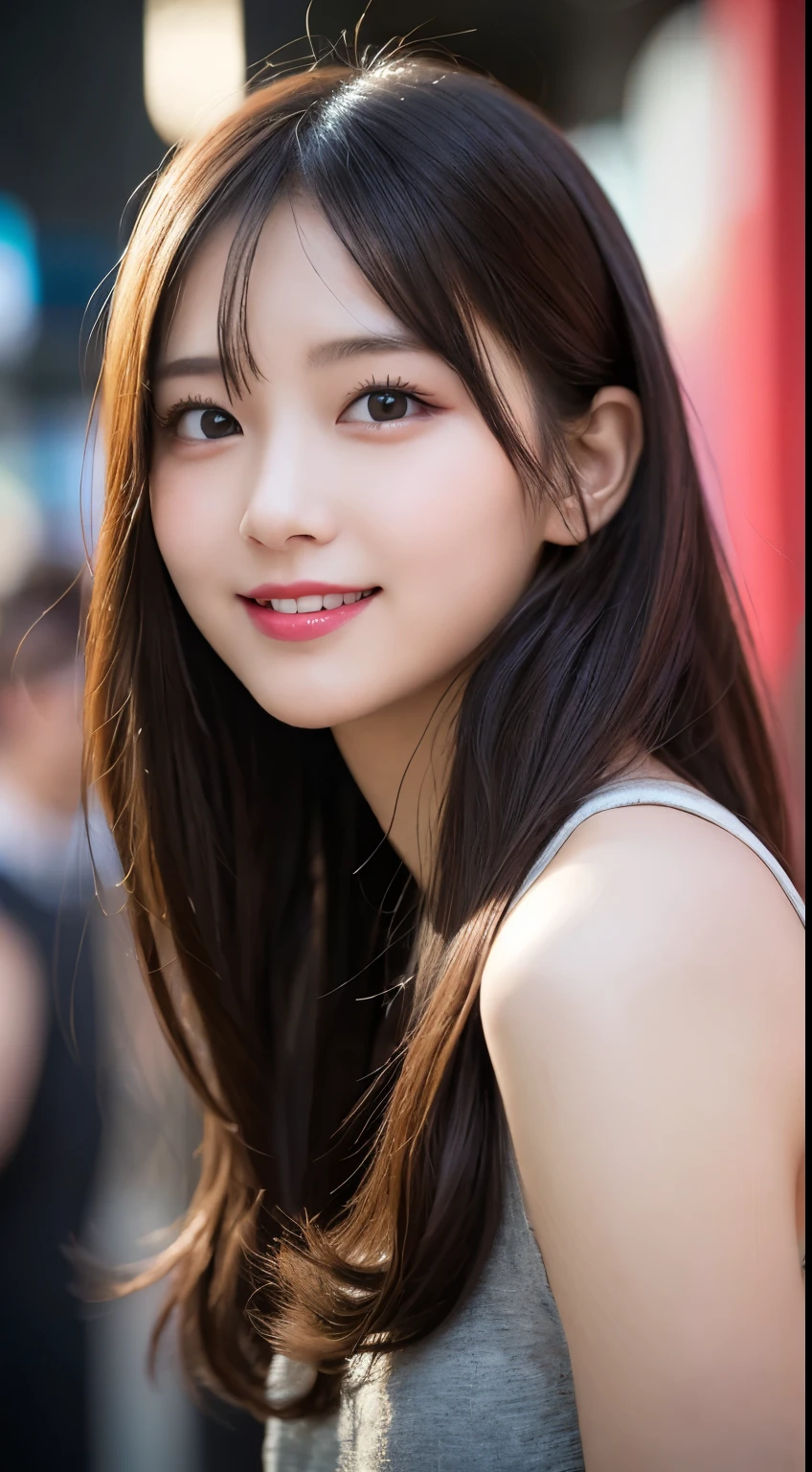 Tabletop, highest quality, shape, Very detailed, finely, High resolution, 8k wallpaper, 完璧なダイナミックな構shape, Beautiful and detailed,ランダムなcute髪,,Natural color lip, Bold sexy pose,smile、20-year-old girl、cute、Looking at the camera,Always blur the background,Perfect and beautiful face,Slim face and figure,Big eyes、Putting on gal makeup,Small face,Shooting from below、smile,Blurred Background,Elegant feminine face、Cyberpunk Fashion、Smile