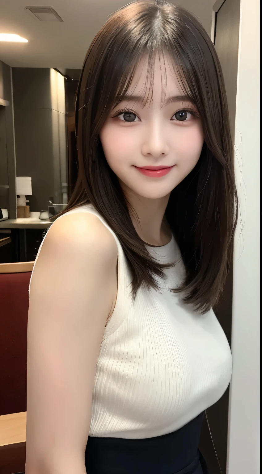 Tabletop, highest quality, shape, Very detailed, finely, High resolution, 8k wallpaper, 完璧なダイナミックな構shape, Beautiful and detailed,ランダムなcute髪,,Natural color lip, Bold sexy pose,smile、20-year-old girl、cute、Looking at the camera,Always blur the background,Perfect and beautiful face,Slim face and figure,Big eyes、Putting on gal makeup,Small face,Shooting from below、smile,Blurred Background,Elegant feminine face、Cyberpunk Fashion、Smile
