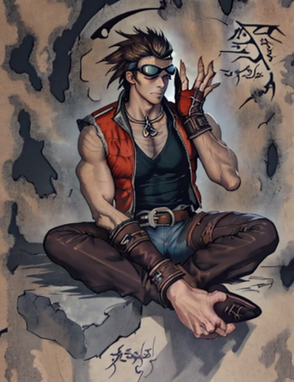 (Necronomicon Sketch)(masterpiece, best quality:1.3) Hwoarang_Tekken, solo, brown hair, gloves, 1man , male focus, belt, jeans, fingerless gloves, vest, muscular, denim, goggles, goggles on head, jeans, hair slicked back, full body, sakura, moon, couter, night, sitting,(insanely detailed, beautiful detailed face,beautiful detailed eyes, masterpiece, best quality),