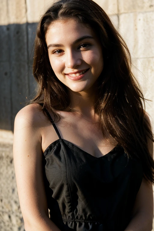 original photo, Facial portrait of a 26-year-old beauty.oh，woman, Cute face, Wearing a black dress, smiley face, Hard shadows, movie shot, Dramatic Lighting