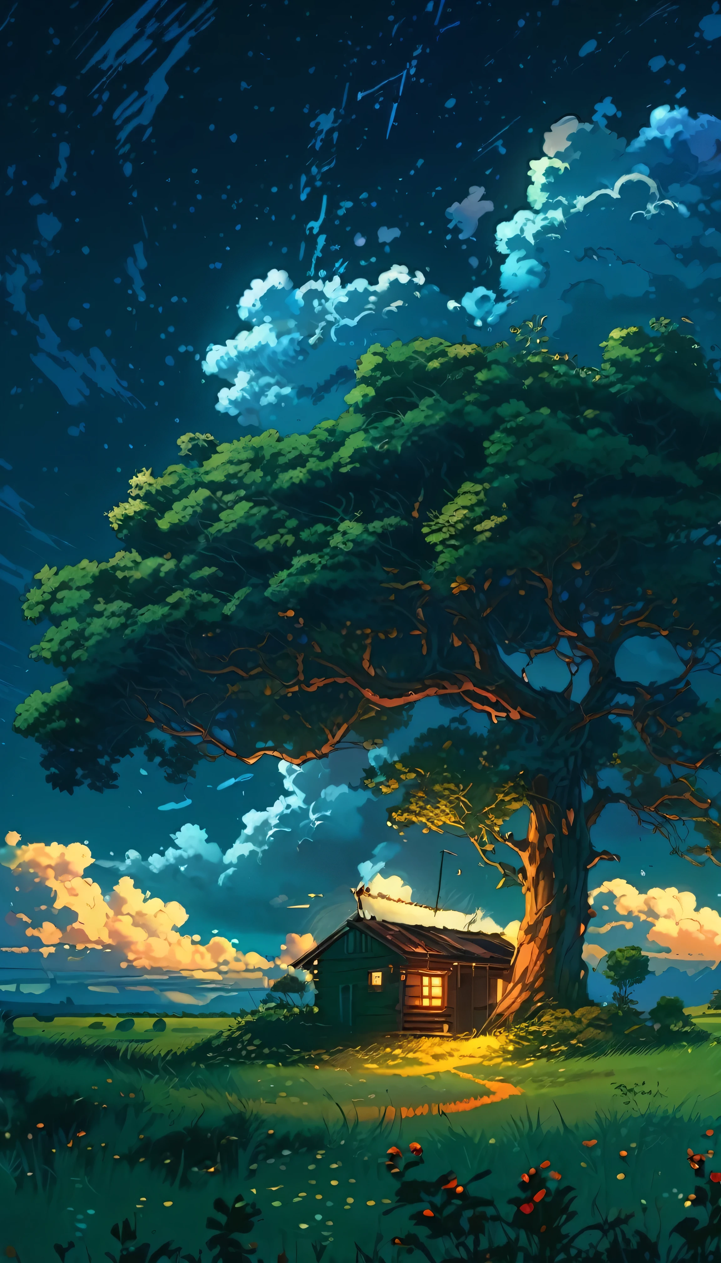 a painting of a cabin under a tree in a field, makoto shinkai cyril rolando, anime art wallpaper 4k, anime art wallpaper 4 k, anime background, anime art wallpaper 8 k, anime background art, anime landscape wallpaper, amazing wallpaper, hd wallpaper, anime wallpaper 4k, anime wallpaper 4 k, anime countryside landscape, 4k highly detailed digital art