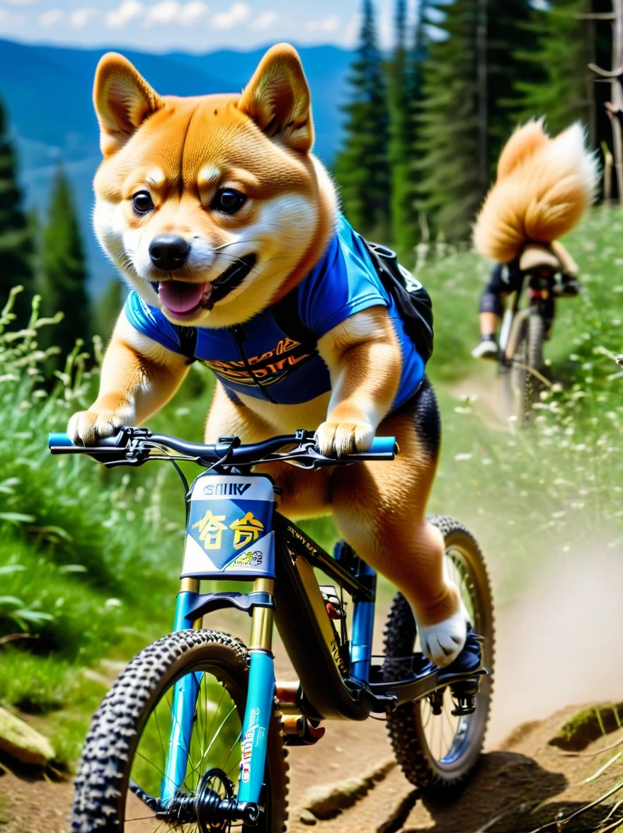 A Shiba Inu dog riding an enduro mountain bike.