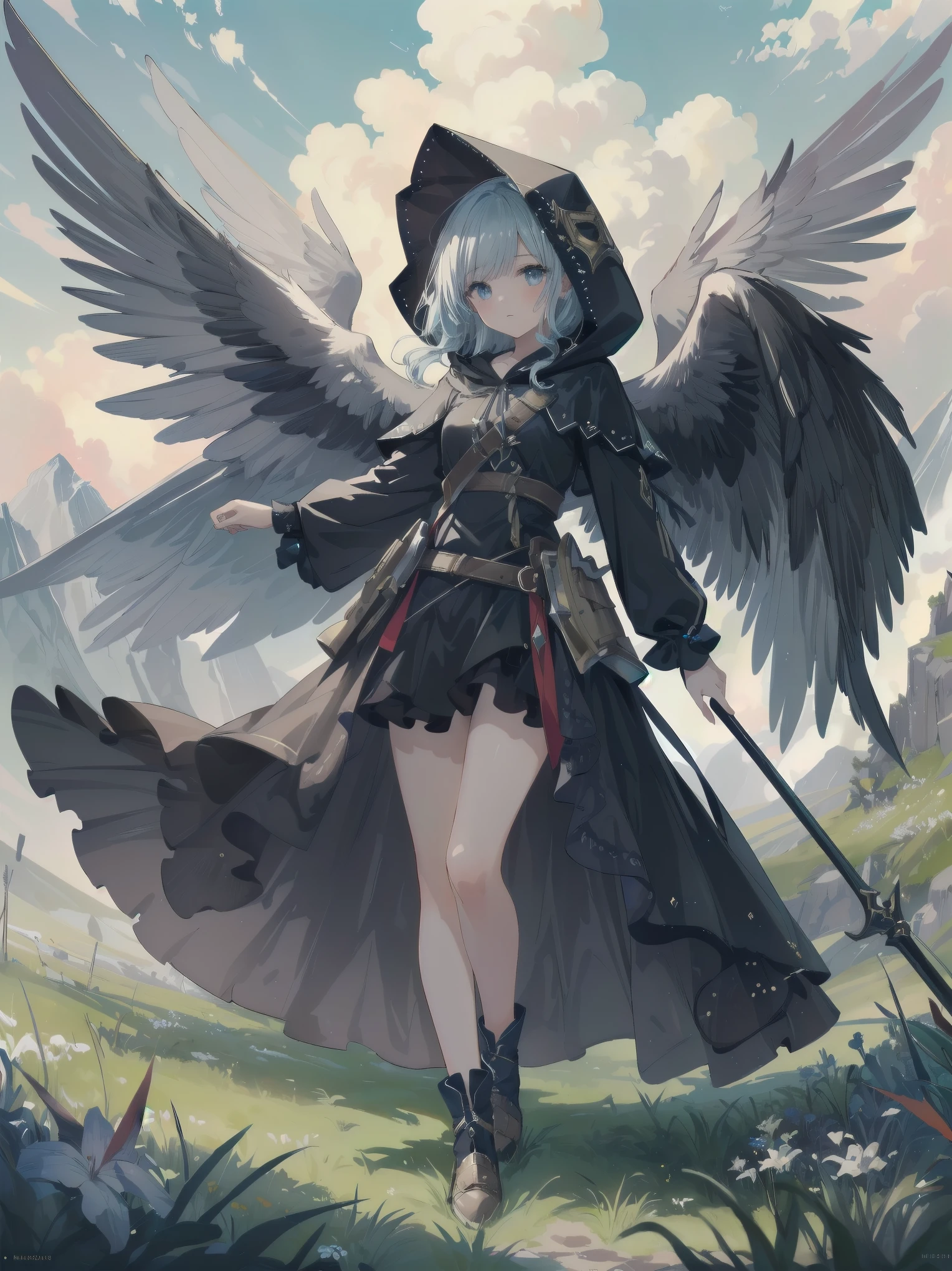 (Masterpiece, top quality, highest quality, official art, beautiful and aesthetic: 1.2), 1 girl, solo, marquise, adventurer, hood, meadow, detailed background, otherworldly fantasy with overwhelming modeling and super detailed amount of writing, one of the most powerful battle scenes, deep and detailed background, cute and beautiful girl, imaginative Cute girls, imaginative posing