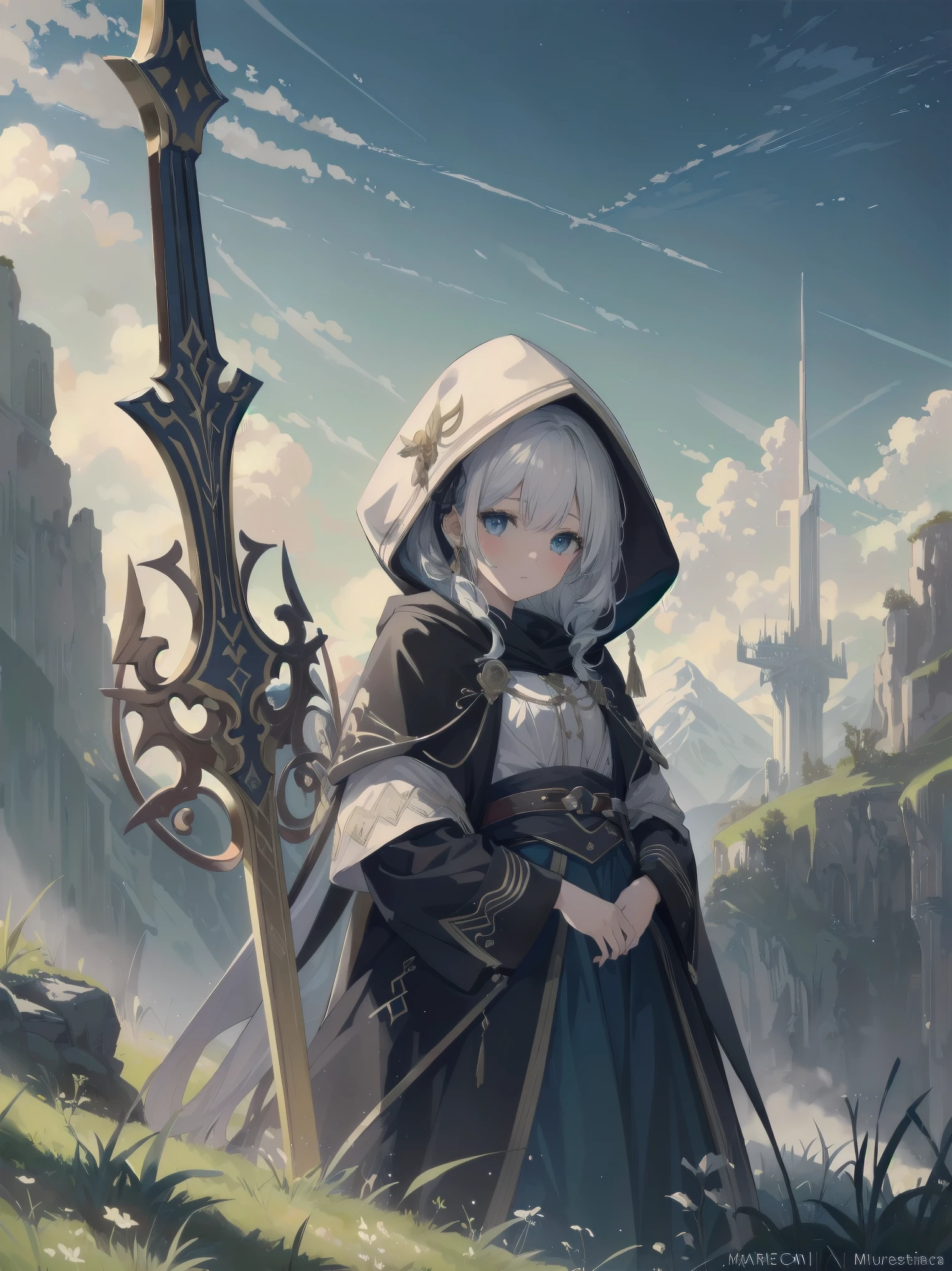 (Masterpiece, top quality, highest quality, official art, beautiful and aesthetic: 1.2), 1 girl, solo, marquise, adventurer, hood, meadow, detailed background, otherworldly fantasy with overwhelming modeling and super detailed amount of writing, one of the most powerful battle scenes, deep and detailed background, cute and beautiful girl, imaginative Cute girls, imaginative posing
