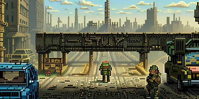 16-bit pixel art, pixel game, post apocalyptic city street with distant city ruin skyline, large empty street, style of metal slug