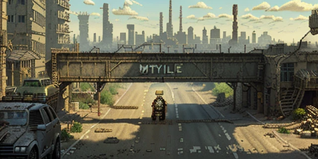 16-bit pixel art, pixel game, post apocalyptic city street with distant city ruin skyline, large empty street, style of metal slug