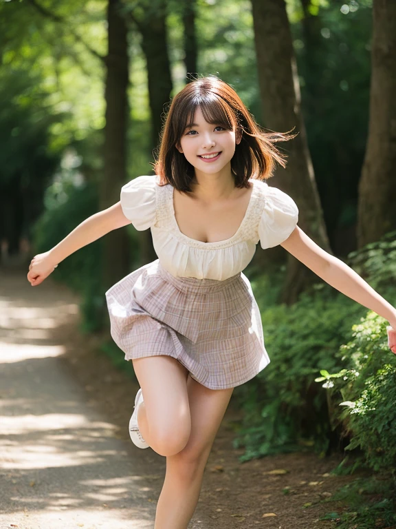 Realistic photo quality、20 year old Japanese model、Idol、Blur the background a lot、 One beautiful woman、Cute Smile、Frilled dress、Cleavage、mini skirt、Hands, feet and beautiful face of a person、The whole body of the person、forest path、looking at the camera、Sprinting towards here、short hair、Brunette Hair、View the photographer