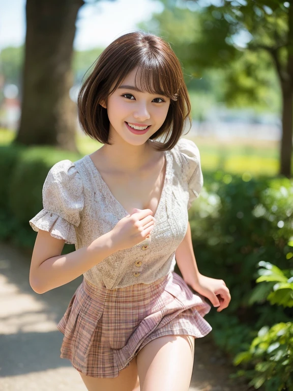 Realistic photo quality、20 year old Japanese model、Idol、Blur the background a lot、 One beautiful woman、Cute Smile、Frilled dress、Cleavage、mini skirt、Hands, feet and beautiful face of a person、The whole body of the person、forest path、looking at the camera、Sprinting towards here、short hair、Brunette Hair、View the photographer