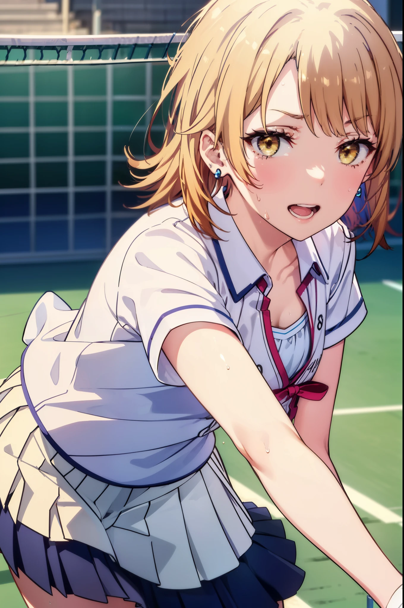 irohaisshiki, Iroha Isshiki, short hair, Brown Hair, (Brown eyes:1.5), happy smile, smile, Open your mouth,smile,
Tennis uniform, Hair Clip, Earrings, jewelry, nm1, Hair Ribbon, short hair, tennis cosplay, (Pleated super short skirt:1.4), (Thighs:1.3), (large teeth:1.3), large chests, (Provocative face:1.3), Open your mouth, (chest:1.3), teeth, Round eyes, (blowing in the Wind:0.5), Sweat around the girl, Dripping Sweat, Squall (Wind:1.2), speed, 爽やかなWind, Motion Blur Effect, Wind, (can'I can't see your pants:1.4) break background is (Tennis court:1.3), (Stand in the center of the screen:1.3), (10,000 spectators:1.3), Blue sky with clouds, Outdoor, (Amazing panoramic views:1.2), Wind break sunlight, Nice views, Rainbow in the sky, Particles of light,
break outdoors, Tennis court,
break looking at viewer,(Cowboy Shot:1. 5)
break (masterpiece:1.2), highest quality, High resolution, unity 8k wallpaper, (shape:0.8), (Beautiful details:1.6), Highly detailed face, Perfect lighting, Extremely detailed CG, (Perfect hands, Perfect Anatomy),
