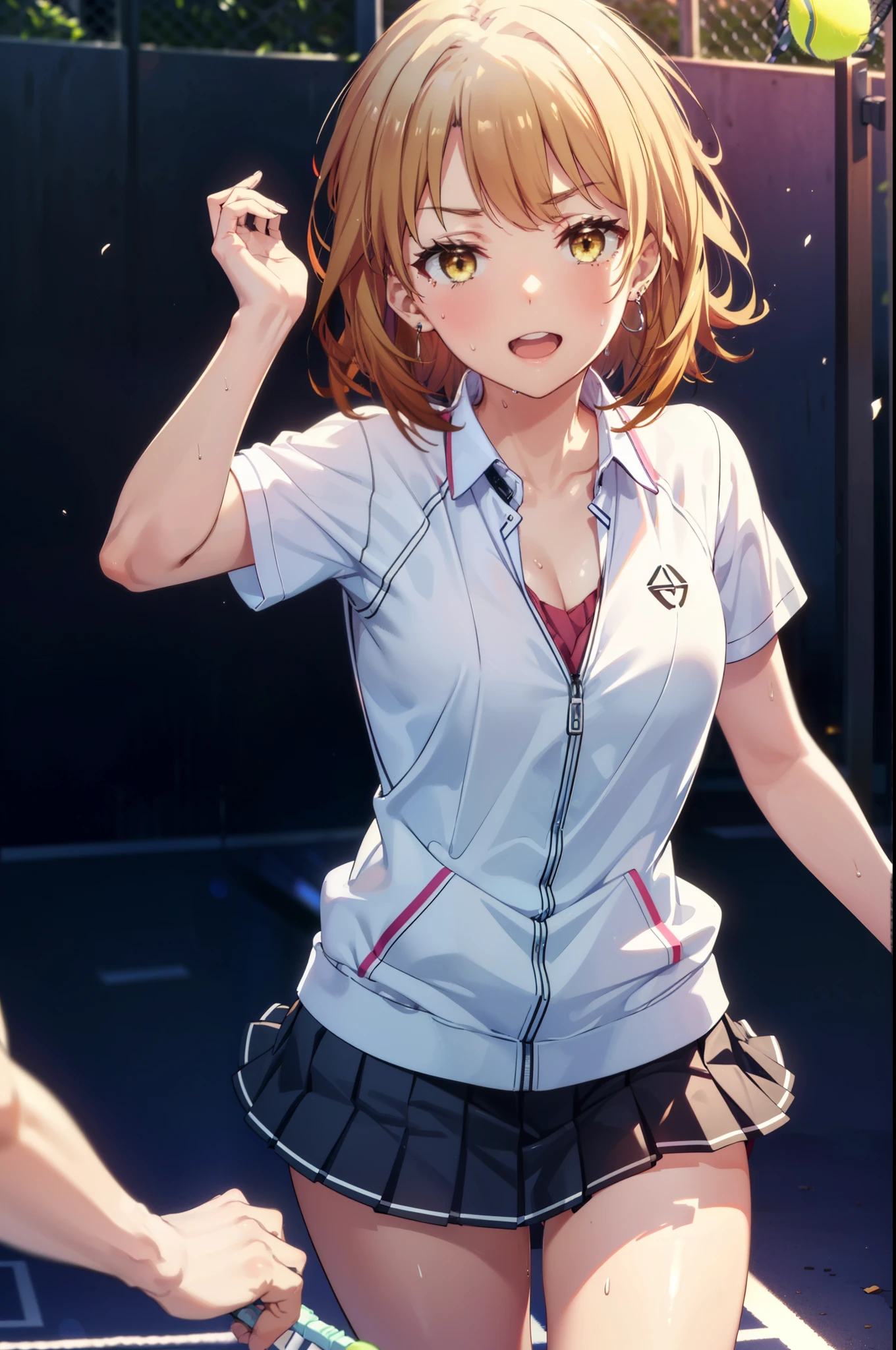 irohaisshiki, Iroha Isshiki, short hair, Brown Hair, (Brown eyes:1.5), happy smile, smile, Open your mouth,smile,
Tennis uniform, Hair Clip, Earrings, jewelry, nm1, Hair Ribbon, short hair, tennis cosplay, (Pleated super short skirt:1.4), (Thighs:1.3), (large teeth:1.3), large chests, (Provocative face:1.3), Open your mouth, (chest:1.3), teeth, Round eyes, (blowing in the Wind:0.5), Sweat around the girl, Dripping Sweat, Squall (Wind:1.2), speed, 爽やかなWind, Motion Blur Effect, Wind, (can'I can't see your pants:1.4) break background is (Tennis court:1.3), (Stand in the center of the screen:1.3), (10,000 spectators:1.3), Blue sky with clouds, Outdoor, (Amazing panoramic views:1.2), Wind break sunlight, Nice views, Rainbow in the sky, Particles of light,
break outdoors, Tennis court,
break looking at viewer,(Cowboy Shot:1. 5)
break (masterpiece:1.2), highest quality, High resolution, unity 8k wallpaper, (shape:0.8), (Beautiful details:1.6), Highly detailed face, Perfect lighting, Extremely detailed CG, (Perfect hands, Perfect Anatomy),