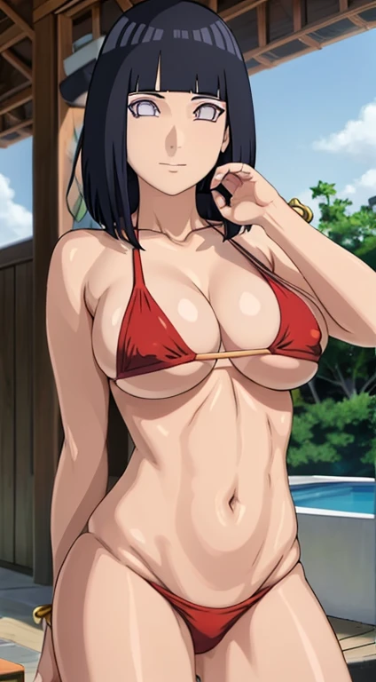(masterpiece), best quality, expressive white eyes, perfect face, massive breasts, shiny body, flat belly, muscular arms, rib bones visible, thick body, standing, cotton red colour bikini and cotton penty, front facing, black hair, thigh legs , Hinata Hyuga, bracelet on her hand,