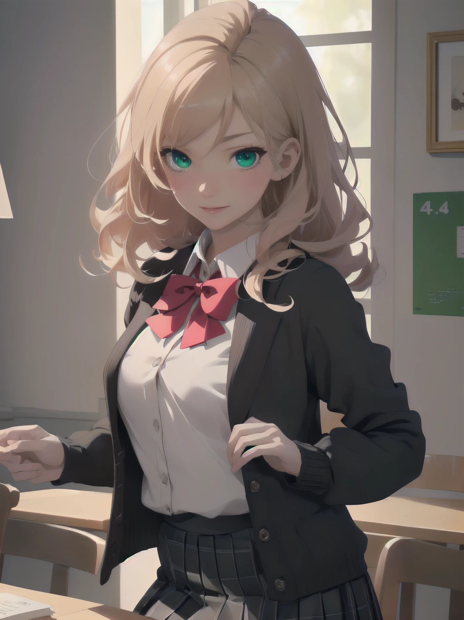 ((Tabletop, highest quality, High resolution, Perfect Pixel, Depth of written boundary, 4K))), One Girl, single, alone, Beautiful Anime Girls, Beautiful art style, Anime characters, ((Long Hair, bangs, Dark brown hair, Curly Hair:0.8)), ((Green Eyes:1.4, Fine grain, Beautiful Eyes, Perfect Eyes,Curled eyelashes, Realistic eyes)), ((Detailed face, Blushing:1.2)), ((Smooth texture:0.75, Realistic texture:0.5, Anime CG Style)), Medium chest, Dynamic Angle, Big Breasts, Perfect body, Dynamic pose, ((Red bow tie, , Black jacket, Open jacket, Brown cardigan, White shirt, Black Skirt, Checked skirt)), smile, Open your mouth, Put your arms behind your back, Leaning forward, Amalment Park