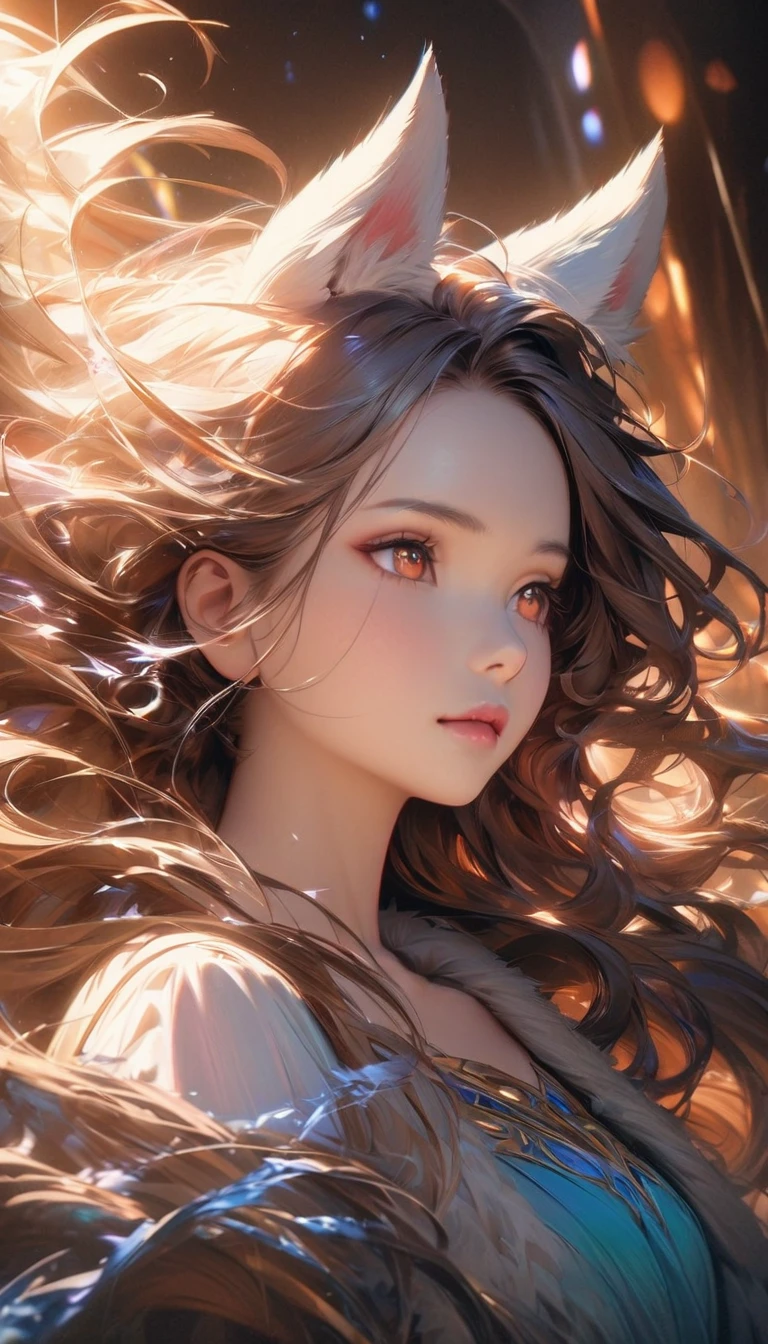 (best quality,4k,highres),fantasy,beautiful girl with Shiba Inu dog features,intense focus on the detailed,amber eyes,fluffy and expressive Shiba Inu ears,fur with realistic textures and colors,long wavy hair flowing with the wind,magical atmospheric lighting,soft and ethereal background,with hints of vibrant colors,subtle artistic rendering giving a touch of dream-like fantasy,impressive attention to the anamorphic Shiba Inu features,masterpiece:1.2,portrait,with a sense of mystery and awe.