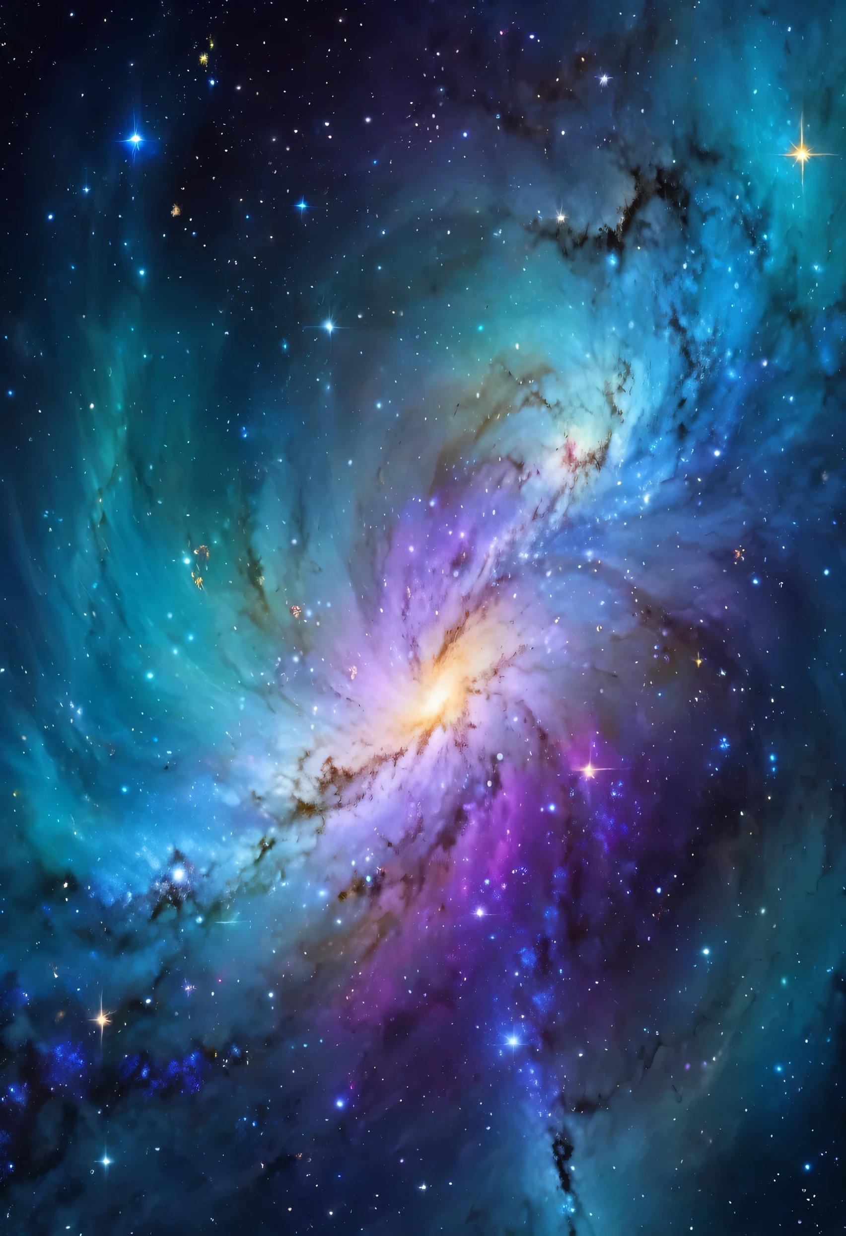 Masterpiece, amazing beautiful Color, Picture-like quality, Picture a galaxy swirling with hues of indigo and gold, dotted with sparkling star clusters and nebulae like celestial jewels