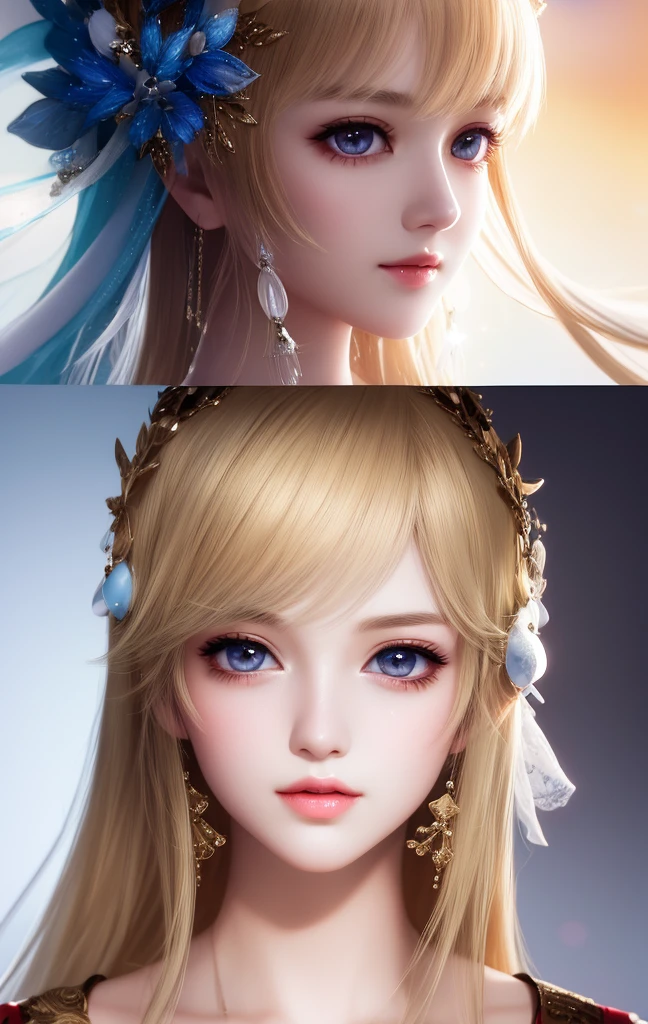 animesque、anime styled、ssmile、portraitures、Beautifully moisturized amber eyes like clear glass、Beautiful blonde hair without hair ornaments, extremely detailed eye and face, Beautiful detailed eyes, huge filesize, ultra-detailliert, hight resolution, ighly detailed, top-quality, masterpiece, illustratio, ighly detailed, nffsw, unification, 8k wallpaper, splendid, finely detail, 30Year old girl