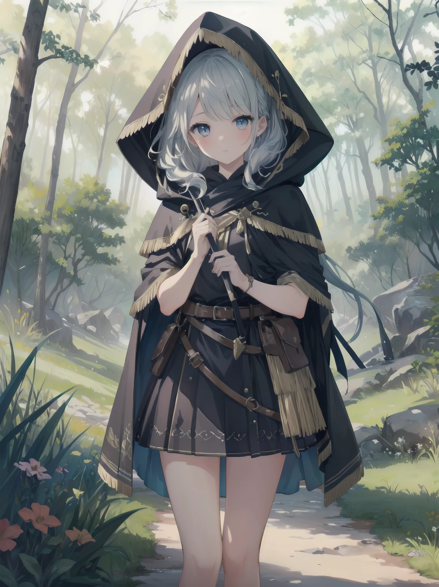 (Masterpiece, top quality, highest quality, official art, beautiful and aesthetic: 1.2), 1 girl, solo, marquise, adventurer, hood, meadow, detailed background, otherworldly fantasy with overwhelming modeling and super detailed amount of writing, one of the most powerful battle scenes, deep and detailed background, cute and beautiful girl, imaginative Cute girls, imaginative posing