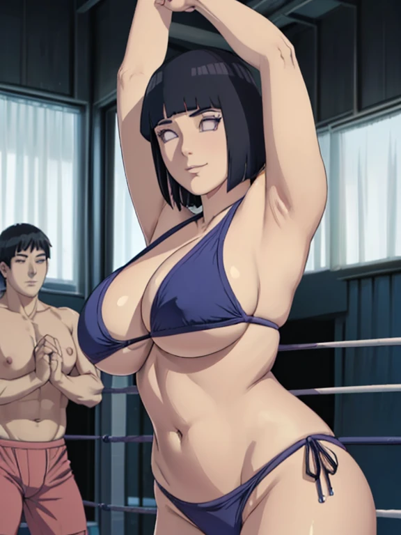 (hinata\(boruto\), (female wrestler), slender body, mature woman, milf, (bikini, wrestling gear) victorious, gorgeous, winner, kind face, smile, closed mouth, pale skin, (dark blue hair color:1.1), wavy hair, ((short hair, hime cut), big breasts, only one arm stretching, long belly, closed fists