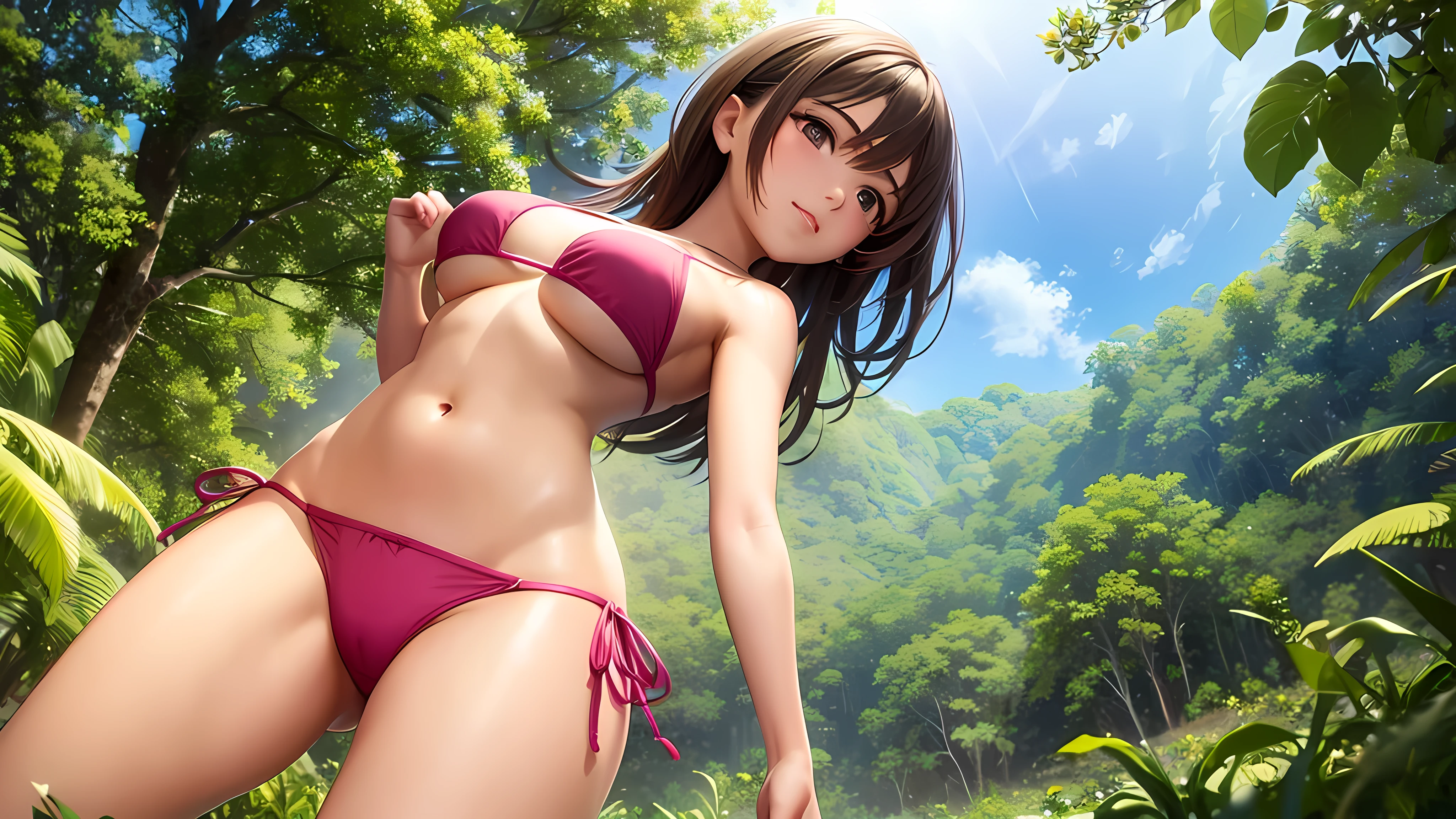 chica en bikini en una selva rosa