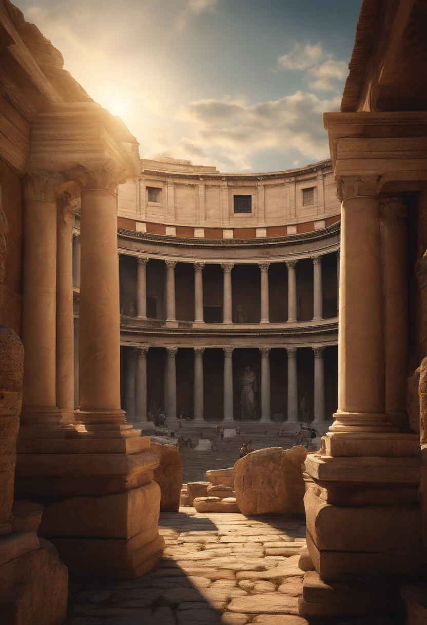 Passionate speech in the Roman Forum,Surrounded by a diverse range of citizens,masterpiece,highest quality,Attention to detail,1 male,good looking,Sturdy yet sophisticated look,Has boy-next-door charm,Exact details,Roman Toga,Finely drawn backgrounds,Depth of written boundary,Visual Effects,Cinematic shots,