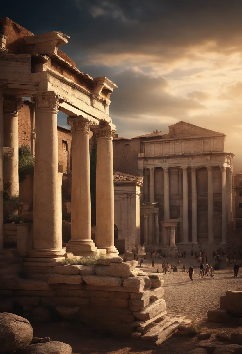 Passionate speech in the Roman Forum,Surrounded by a diverse range of citizens,masterpiece,highest quality,Attention to detail,1 male,good looking,Sturdy yet sophisticated look,Has boy-next-door charm,Exact details,Roman Toga,Finely drawn backgrounds,Depth of written boundary,Visual Effects,Cinematic shots,