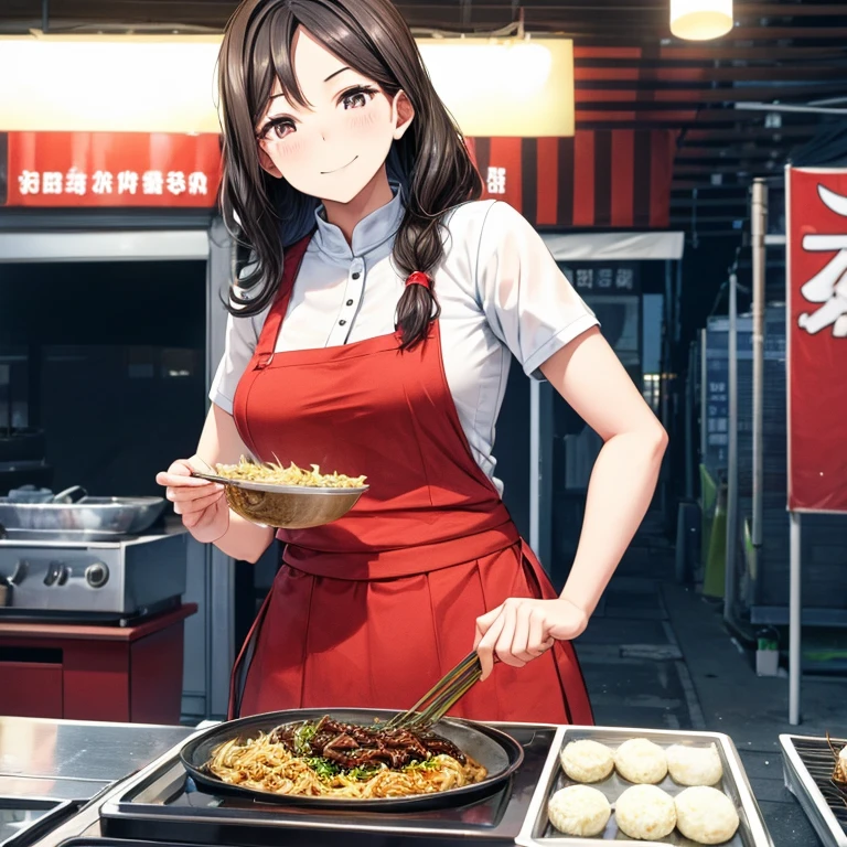 A woman making jajangmyeon at a food stall at night　Tight clothing　highest quality