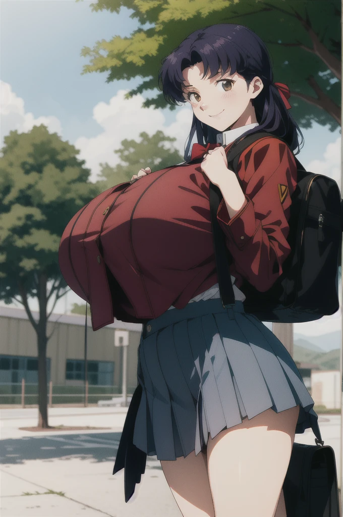 (RAW photo, best quality), 1girl,  natural lighting, solo, light smile, 
katsuragi misato,  high school girl, , school bag, blazer, ribbon, outdoor, big boob, large breasts