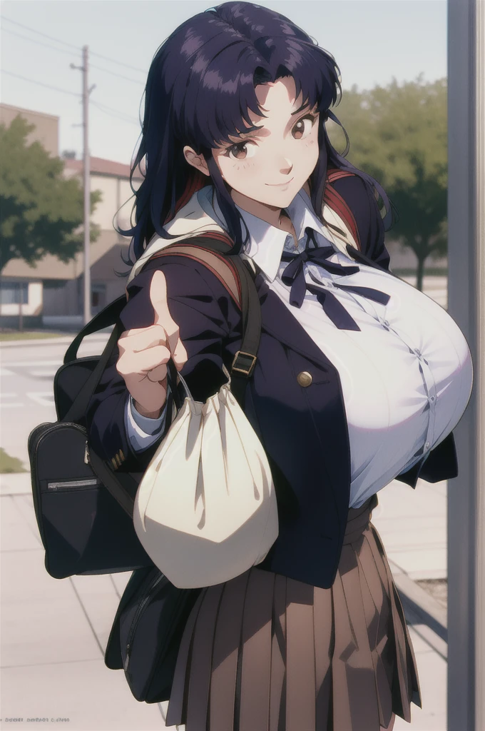 (RAW photo, best quality), 1girl,  natural lighting, solo, light smile, 
katsuragi misato,  high school girl, , school bag, blazer, ribbon, outdoor, big boob, large breasts