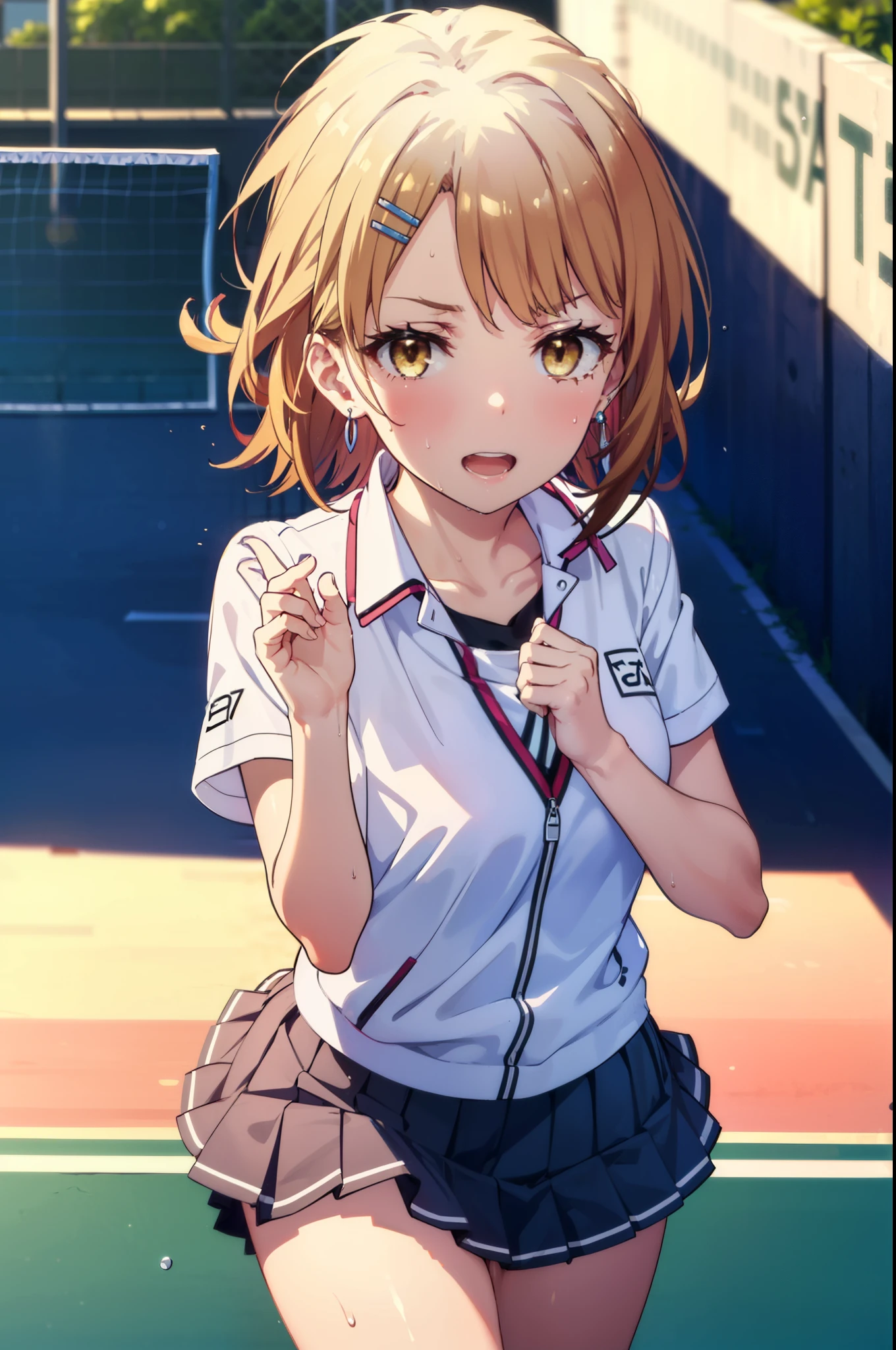 irohaisshiki, Iroha Isshiki, short hair, Brown Hair, (Brown eyes:1.5), happy smile, smile, Open your mouth,smile,
Tennis uniform, Hair Clip, Earrings, jewelry, nm1, Hair Ribbon, short hair, tennis cosplay, (Pleated super short skirt:1.4), (Thighs:1.3), (large teeth:1.3), large chests, (Provocative face:1.3), Open your mouth, (chest:1.3), teeth, Round eyes, (blowing in the Wind:0.5), Sweat around the girl, Dripping Sweat, Squall (Wind:1.2), speed, 爽やかなWind, Motion Blur Effect, Wind, (can'I can't see your pants:1.4) break background is (Tennis court:1.3), (Stand in the center of the screen:1.3), (10,000 spectators:1.3), Blue sky with clouds, Outdoor, (Amazing panoramic views:1.2), Wind break sunlight, Nice views, Rainbow in the sky, Particles of light,
break outdoors, Tennis court,
break looking at viewer,(Cowboy Shot:1. 5)
break (masterpiece:1.2), highest quality, High resolution, unity 8k wallpaper, (shape:0.8), (Beautiful details:1.6), Highly detailed face, Perfect lighting, Extremely detailed CG, (Perfect hands, Perfect Anatomy),