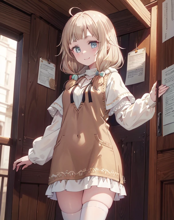 masterpiece, 1girl, sparrow, a blonde haired girl, wearing a brown viking clothes, curly medium hair, messy hair, slim body, wearing furry capelet with hoody, he close her left eye, shirt ornament, aqua eyes, sho show her back, ahoge, red vest, baby , big breast, beautiful breasts, rounded breasts, braid hair, long sleeves, beautiful eyes, white stocking, droopy eyes, her age is 19 years old, smile, ancient viking 