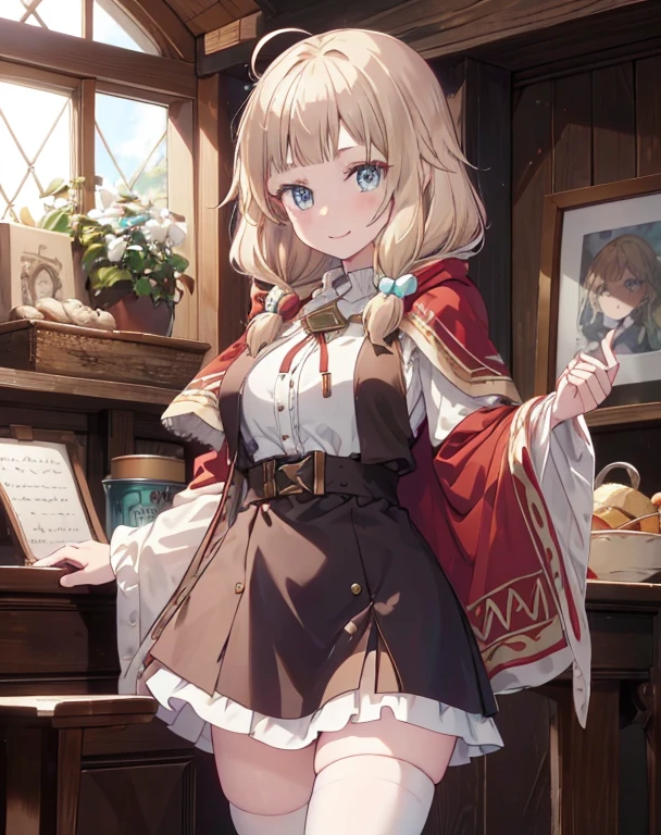 masterpiece, 1girl, sparrow, a blonde haired girl, wearing a brown viking clothes, curly medium hair, messy hair, slim body, wearing furry capelet with hoody, he close her left eye, shirt ornament, aqua eyes, sho show her back, ahoge, red vest, baby , big breast, beautiful breasts, rounded breasts, braid hair, long sleeves, beautiful eyes, white stocking, droopy eyes, her age is 19 years old, smile, ancient viking 