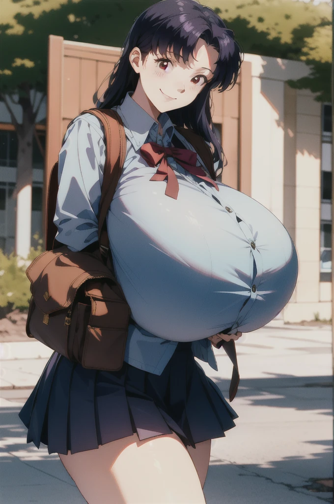 (RAW photo, best quality), 1girl,  natural lighting, solo, light smile, 
katsuragi misato,  high school girl, , school bag, blazer, ribbon, outdoor, big boob, large breasts