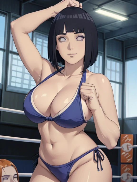 (hinata\(boruto\), (female wrestler), slender body, mature woman, milf, (bikini, wrestling gear) victorious, gorgeous, winner, kind face, smile, closed mouth, pale skin, (dark blue hair color:1.1), wavy hair, ((short hair, hime cut), big breasts, only one arm stretching, long belly, closed fists