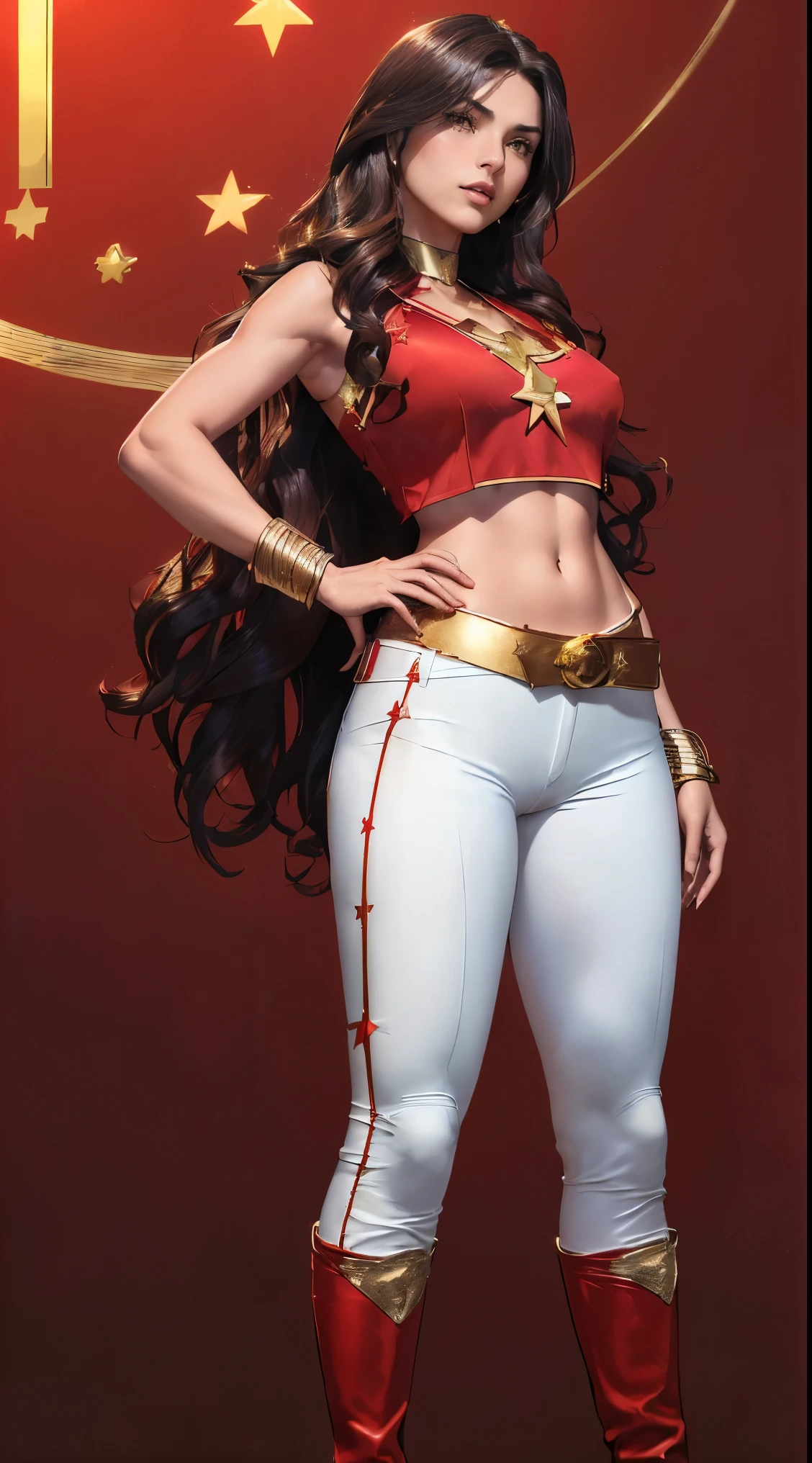 ((realistic) (cinematic) (A beautiful female Turkish superhero , () and (long dark brown wavy hair), she wears a (red sleeveless outfit with a star symbol on her chest) (, with gold bracelets and a gold belt) (midriff) (White pants) (long red knee boots) 8K UHD (full body) (sexy)