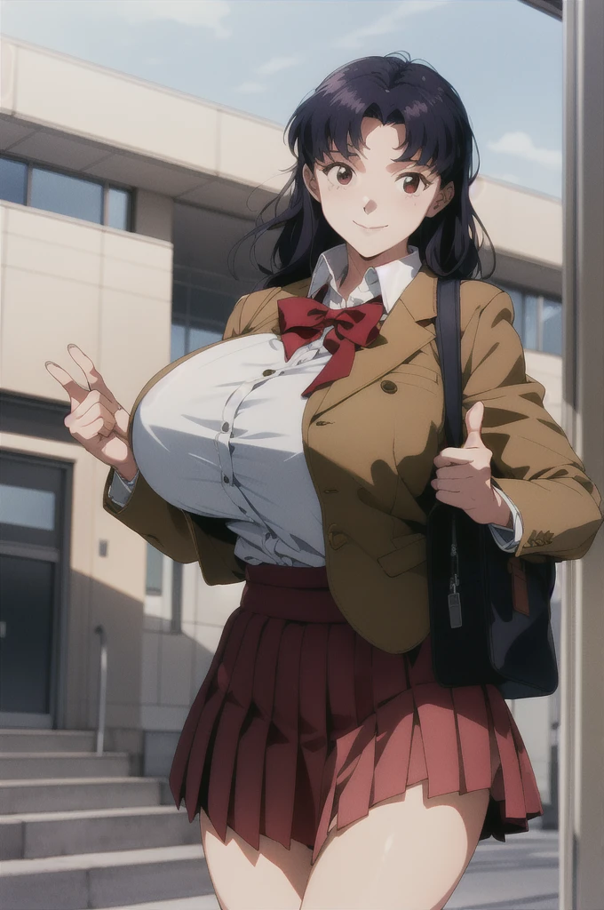 (RAW photo, best quality), 1girl,  natural lighting, solo, light smile, 
katsuragi misato,  high school girl, , school bag, blazer, ribbon, outdoor, big boob, large breasts