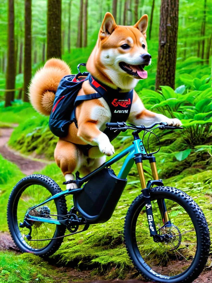 A Shiba Inu dog riding an enduro mountain bike.