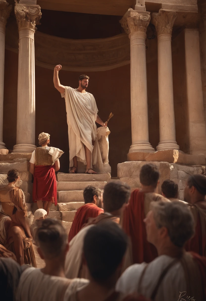 A man giving a passionate speech in the Roman Forum,Surrounded by a diverse range of citizens,masterpiece,highest quality,Attention to detail,1 male,good looking,Sturdy yet sophisticated look,Has boy-next-door charm,Exact details,Roman Toga,Finely drawn backgrounds,Depth of written boundary,Visual Effects,Cinematic shots,