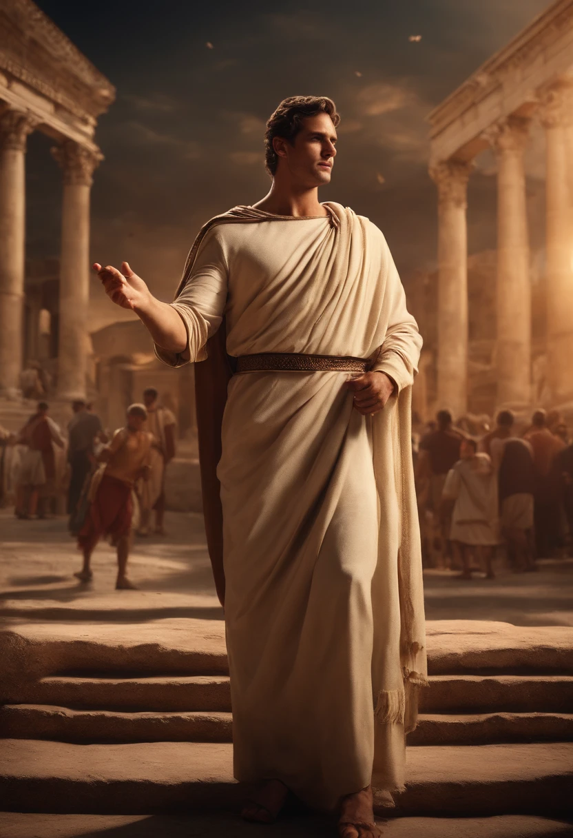 A man giving a passionate speech in the Roman Forum,Surrounded by a diverse range of citizens,masterpiece,highest quality,Attention to detail,1 male,good looking,Sturdy yet sophisticated look,Has boy-next-door charm,Exact details,Roman Toga,Finely drawn backgrounds,Depth of written boundary,Visual Effects,Cinematic shots,
