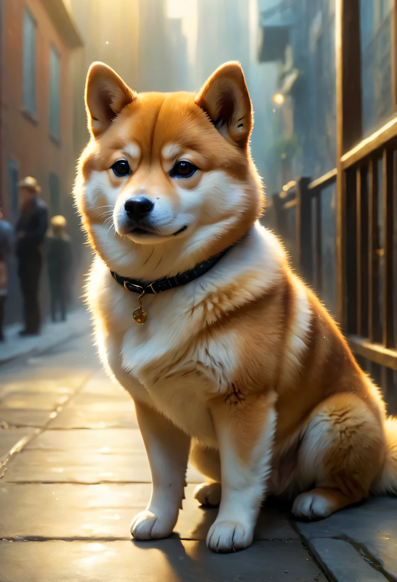 Cute Shiba Inu greets viewers, Pierre＝Art by Auguste Renoir and Jeremy Mann, (Viewpoint angle:1.2), Realistic, Ray Tracing, Beautiful lighting,masterpiece