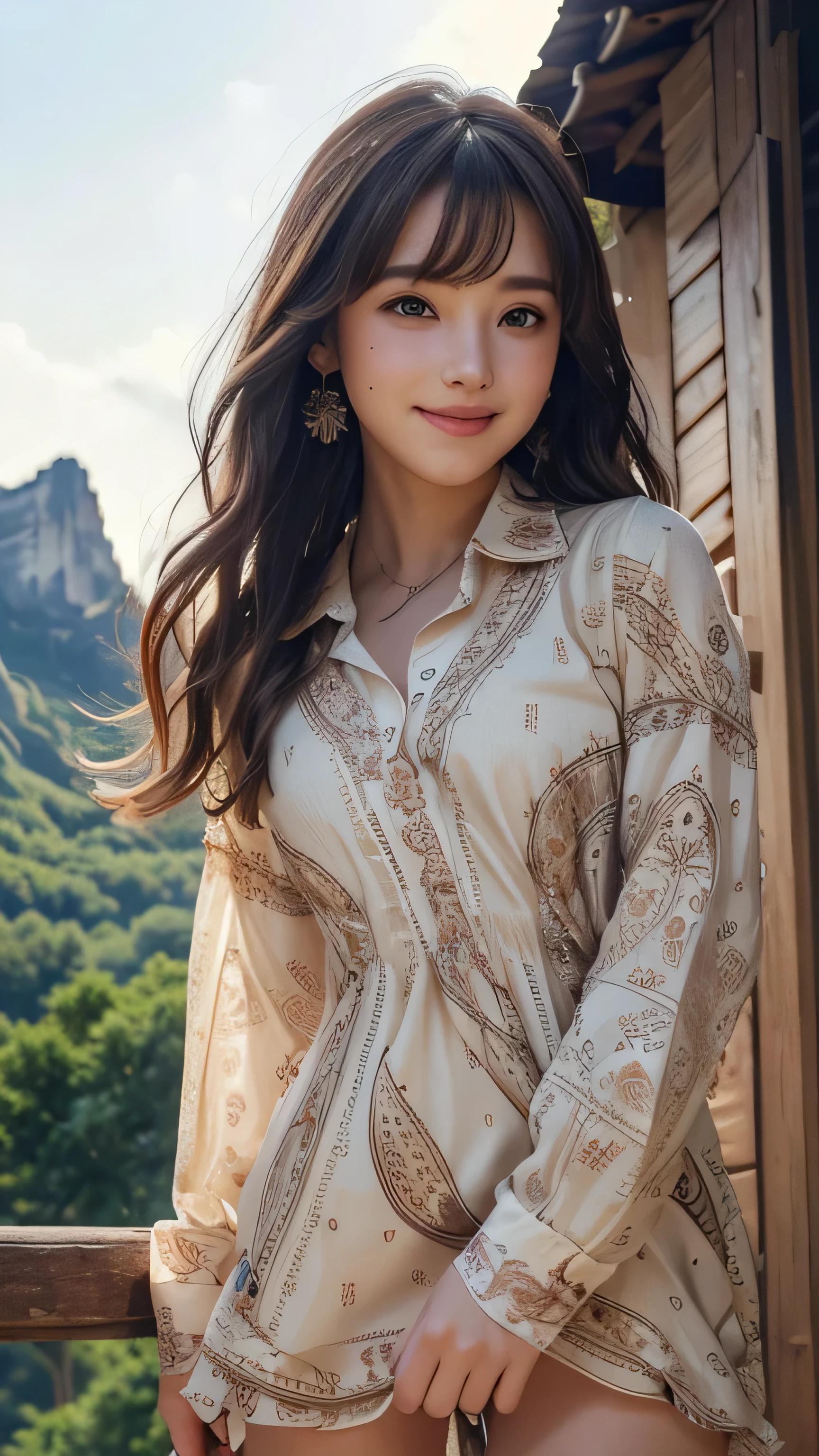 (Very delicate and beautiful: 1.2), 1 girl, Robber Girl, bangs, Cute eyes,Brown Hair, Mouth closed, landscape, Hair between the eyes, Long sleeve, Looking at the audience, Medium Hair, alone, Upper Body, Short school uniform: 1.3, ((alone)), (masterpiece), blonde、Various movement poses、With a smile、mini skirt、mini shirt、uniform、Loosely inward wavy hair,Gold Necklace_Large earrings,Extra long brown hair,((look down at the viewer,from below:1.5)),((intricately patterned shirt mini dress:1.5)),((A shy smile:1.3)),((Beautiful French mountains in the background:1.5)),
