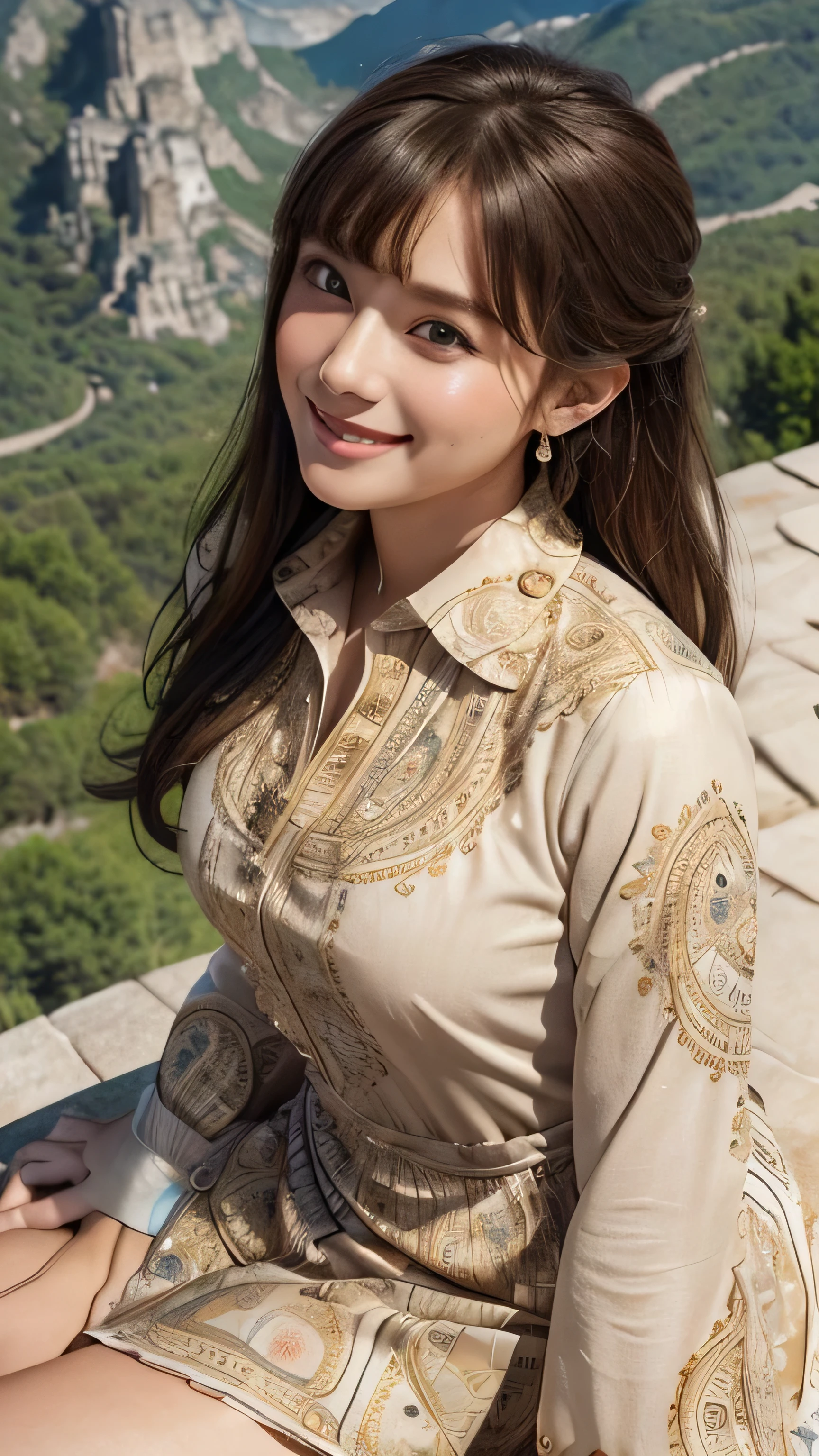 (Very delicate and beautiful: 1.2), 1 girl, Robber Girl, bangs, Cute eyes,Brown Hair, Mouth closed, landscape, Hair between the eyes, Long sleeve, Looking at the audience, Medium Hair, alone, Upper Body, Short school uniform: 1.3, ((alone)), (masterpiece), blonde、Various movement poses、With a smile、mini skirt、mini shirt、uniform、Loosely inward wavy hair,Gold Necklace_Large earrings,Extra long brown hair,((From an oblique angle above:1.5)),((intricately patterned shirt mini dress:1.5)),((A shy smile:1.3)),((Beautiful French mountains in the background:1.5)),
