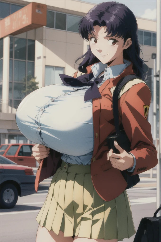 (RAW photo, best quality), 1girl, natural lighting, solo, light smile,
katsuragi misato, high school girl, , school bag, blazer, ribbon, outdoor, big boob, large breasts