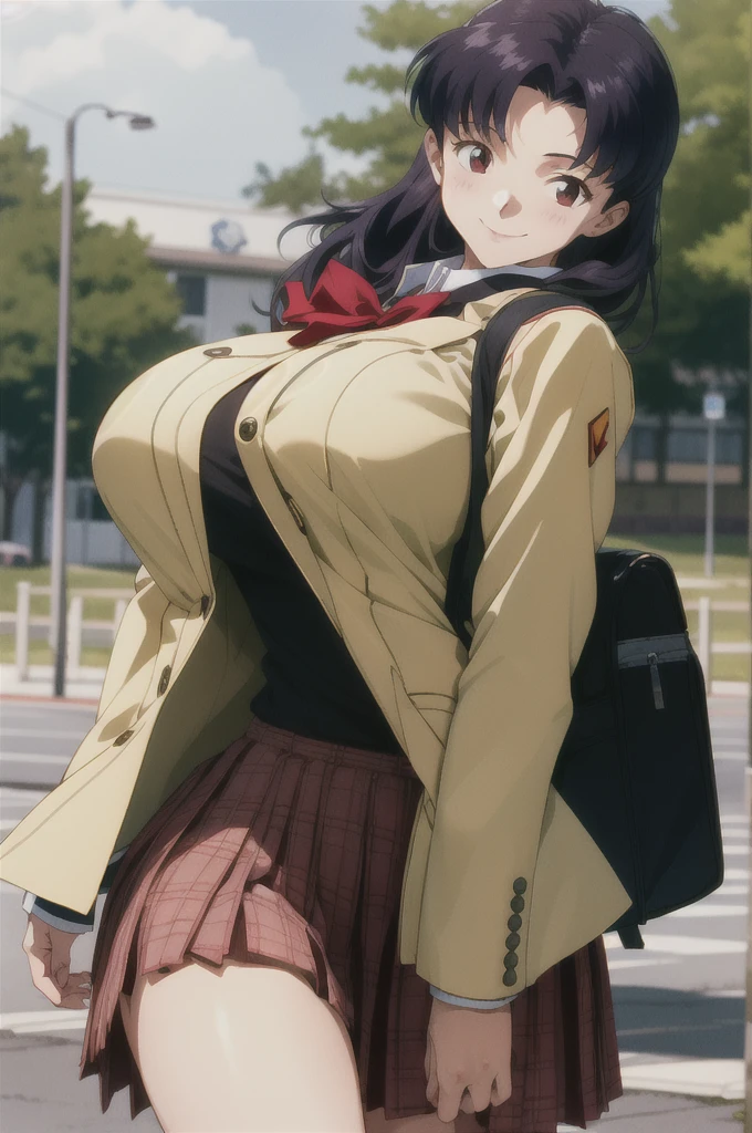 (RAW photo, best quality), 1girl,  natural lighting, solo, light smile, 
katsuragi misato,  high school girl, , school bag, blazer, ribbon, outdoor, big boob, large breasts