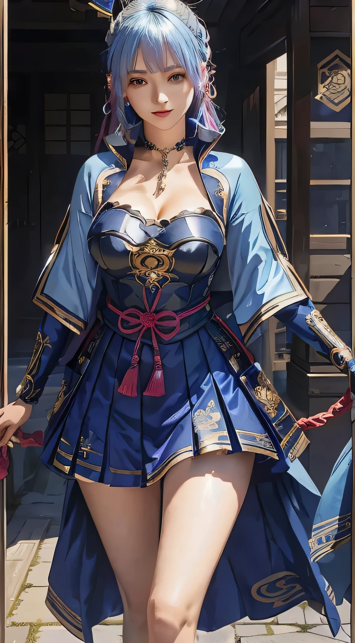 Photo realistic, woman in a blue outfit and a blue cape, detailed digital anime art, extremely detailed, smooth, high detailed official artwork, highly detailed exquisite fanart, detailed dress, 8k high quality detailed, cleavage breast, huge breast, breast ball, happiness,