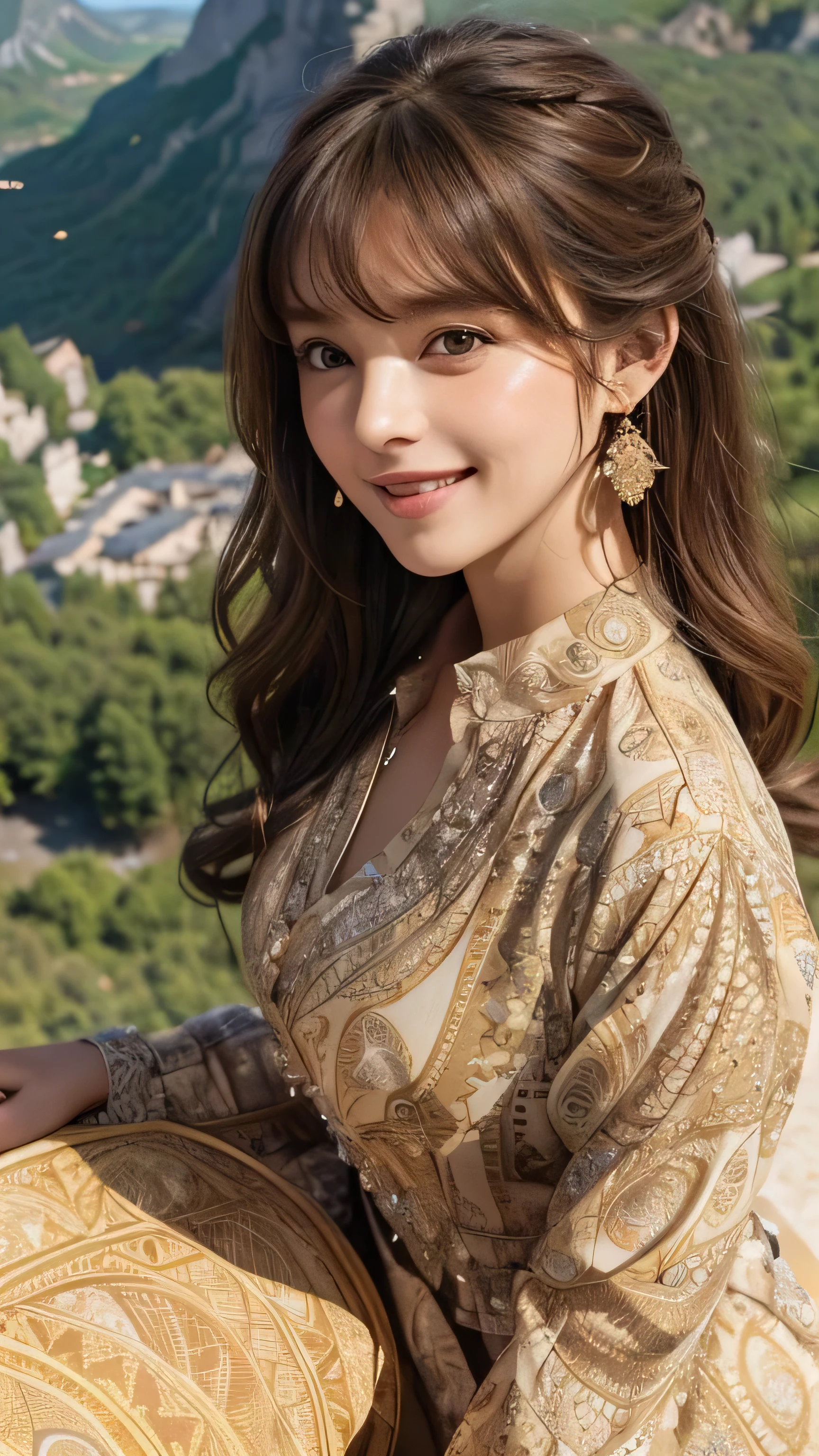 (Very delicate and beautiful: 1.2), 1 girl, Robber Girl, bangs, Cute eyes,Brown Hair, Mouth closed, landscape, Hair between the eyes, Long sleeve, Looking at the audience, Medium Hair, alone, Upper Body, Short school uniform: 1.3, ((alone)), (masterpiece), blonde、Various movement poses、With a smile、mini skirt、mini shirt、uniform、Loosely inward wavy hair,Gold Necklace_Large earrings,Extra long brown hair,((From an oblique angle above:1.5)),((intricately patterned shirt mini dress:1.5)),((A shy smile:1.3)),((Beautiful French mountains in the background:1.5)),